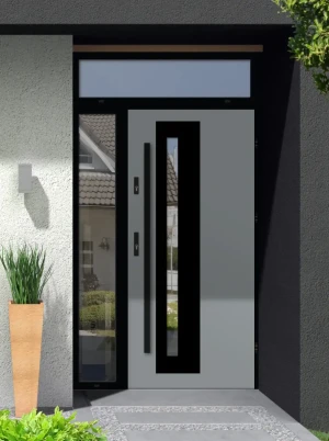 Model NATRIX LOFT PREMIUM 72 mm front door with side and top sidelight / side and top panel with black frame and black bar - energy efficient modern e