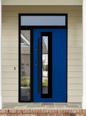 Model PALLAS LOFT PREMIUM 72 mm front door with side and top sidelight / side and top panel with black frame and black bar - energy efficient modern e
