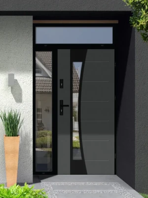 Model BELLIS LOFT PREMIUM 72 mm front door with side and top sidelight / side and top panel with black frame and black handle - energy efficient moder