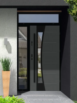 Model BELLIS LOFT PREMIUM 72 mm front door with side and top sidelight / side and top panel with black frame and black bar - energy efficient modern e