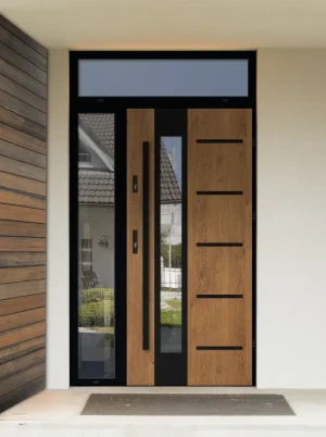 Model UTA LOFT PREMIUM 72 mm front door with side and top sidelight / side and top panel with black frame and black bar - energy efficient modern exte