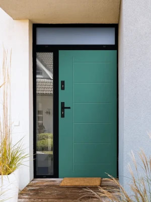 Model GEKKO LOFT PREMIUM 72 mm front door with side and top sidelight / side and top panel with black frame and black handle - energy efficient modern