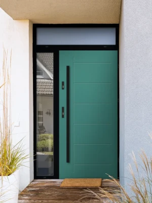 Model GEKKO LOFT PREMIUM 72 mm front door with side and top sidelight / side and top panel with black frame and black bar - energy efficient modern ex