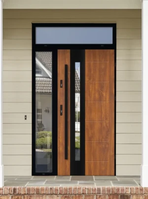 Model TULUZA LOFT PREMIUM 72 mm front door with side and top sidelight / side and top panel with black frame and black bar - energy efficient modern e