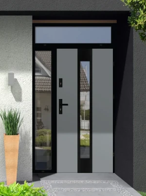 Model PAPUA LOFT PREMIUM 72 mm front door with side and top sidelight / side and top panel with black frame and black handle - energy efficient modern