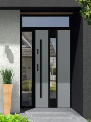 Model PAPUA LOFT PREMIUM 72 mm front door with side and top sidelight / side and top panel with black frame and black bar - energy efficient modern ex