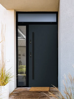 Model DRACO LOFT PREMIUM 72 mm front door with side and top sidelight / side and top panel with black frame and black bar - energy efficient modern ex