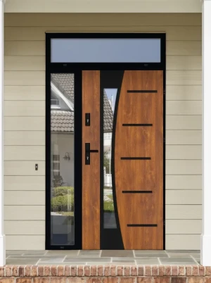 Model AGAMA LOFT PREMIUM 72 mm front door with side and top sidelight / side and top panel with black frame and black handle - energy efficient modern