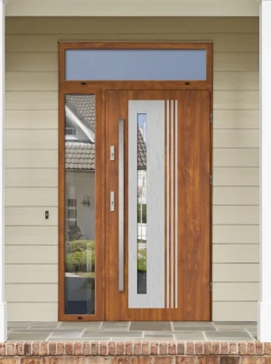 Model COLLARIS PREMIUM 72 mm front door with side and top sidelights / top and side panels with bar – energy efficient modern external door with mirro