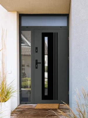 Model COLLARIS BLACK PREMIUM 72 mm front door with side and top sidelight / side and top panel with black handle - energy efficient modern external do