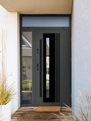 Model COLLARIS BLACK PREMIUM 72 mm front door with side and top sidelight / side and top panel with black bar - energy efficient modern external door