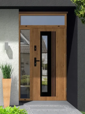 Model VARIUS BLACK PREMIUM 72 mm front door with side and top sidelight / side and top panel with black handle - energy efficient modern external door