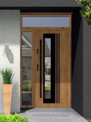 Model VARIUS BLACK PREMIUM 72 mm front door with side and top sidelight / side and top panel with black bar - energy efficient modern external door wi