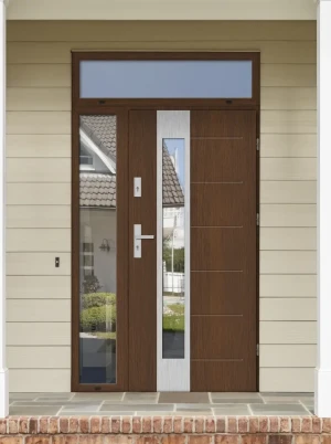 Model CAIMAN PREMIUM 72 mm front door with side and top sidelights / top and side panels with handle – energy efficient modern external door with mirr