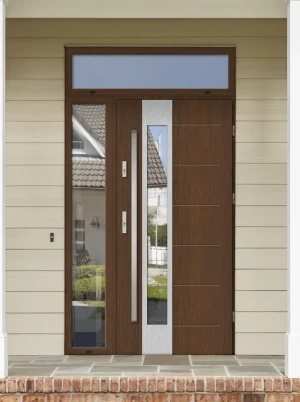 Model CAIMAN PREMIUM 72 mm front door with side and top sidelights / top and side panels with bar – energy efficient modern external door with mirrore