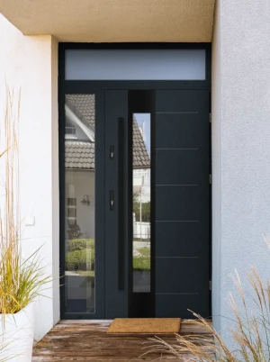 Model CAIMAN BLACK PREMIUM 72 mm front door with side and top sidelight / side and top panel with black bar - energy efficient modern external door wi
