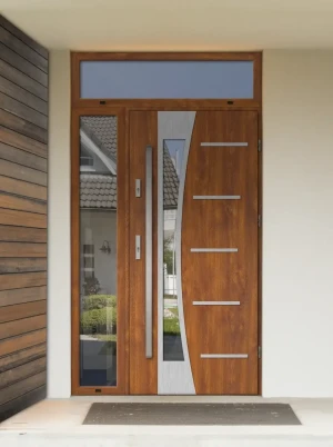 Model AGAMA PREMIUM 72 mm front door with side and top sidelights / top and side panels with bar – energy efficient modern external door with mirrored