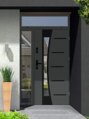 Model AGAMA BLACK PREMIUM 72 mm front door with side and top sidelight / side and top panel with black handle - energy efficient modern external door