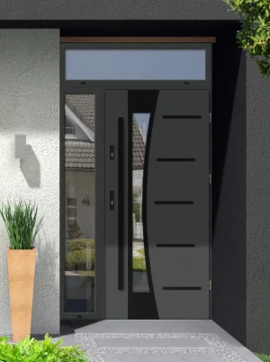 Model AGAMA BLACK PREMIUM 72 mm front door with side and top sidelight / side and top panel with black bar - energy efficient modern external door wit