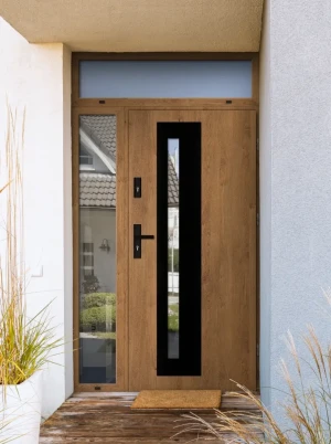 Model NATRIX BLACK PREMIUM 72 mm front door with side and top sidelight / side and top panel with black handle - energy efficient modern external door