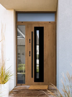Model NATRIX BLACK PREMIUM 72 mm front door with side and top sidelight / side and top panel with black bar - energy efficient modern external door wi