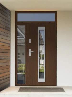 Model IGUANA PREMIUM 72 mm front door with side and top sidelights / top and side panels with handle – energy efficient modern external door with mirr