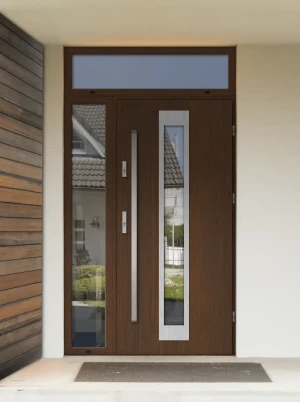 Model IGUANA PREMIUM 72 mm front door with side and top sidelights / top and side panels with bar – energy efficient modern external door with mirrore