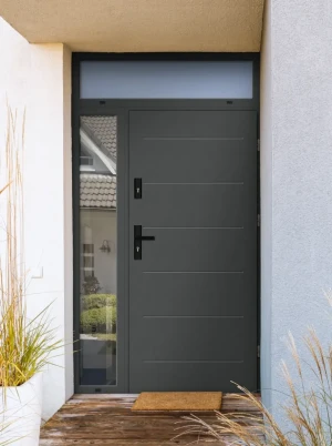 Model AVON BLACK PREMIUM 72 mm front door with side and top sidelight / side and top panel with black handle - energy efficient modern external door w