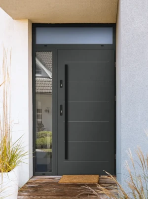 Model AVON BLACK PREMIUM 72 mm front door with side and top sidelight / side and top panel with black bar - energy efficient modern external door with