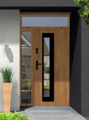 Model PALLAS BLACK PREMIUM 72 mm front door with side and top sidelight / side and top panel with black handle - energy efficient modern external door