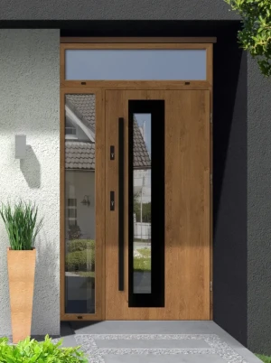 Model PALLAS BLACK PREMIUM 72 mm front door with side and top sidelight / side and top panel with black bar - energy efficient modern external door wi