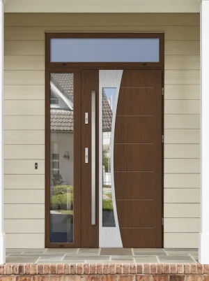 Model BELLIS PREMIUM 72 mm front door with side and top sidelights / top and side panels with bar – energy efficient modern external door with mirrore