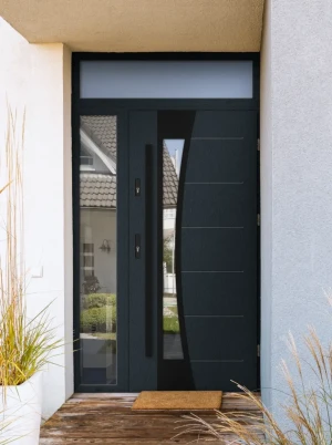 Model BELLIS BLACK PREMIUM 72 mm front door with side and top sidelight / side and top panel with black bar - energy efficient modern external door wi