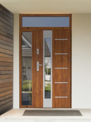 Model UTA PREMIUM 72 mm front door with side and top sidelights / top and side panels with handle – energy efficient modern external door with mirrore