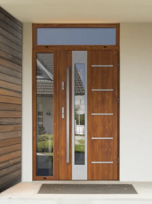 Model UTA PREMIUM 72 mm front door with side and top sidelights / top and side panels with bar – energy efficient modern external door with mirrored g