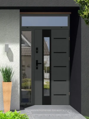 Model UTA BLACK PREMIUM 72 mm front door with side and top sidelight / side and top panel with black handle - energy efficient modern external door wi