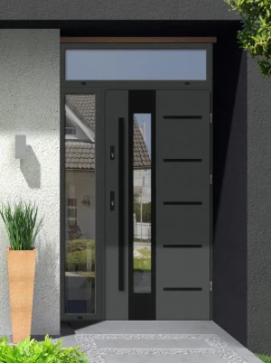 Model UTA BLACK PREMIUM 72 mm front door with side and top sidelight / side and top panel with black bar - energy efficient modern external door with