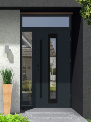 Model IGUANA BLACK PREMIUM 72 mm front door with side and top sidelight / side and top panel with black bar - energy efficient modern external door wi