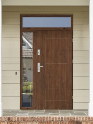 Model GEKKO PREMIUM 72 mm front door with side and top sidelights / top and side panels with handle – energy efficient modern external door with mirro