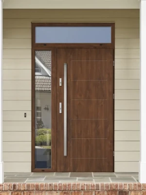 Model GEKKO PREMIUM 72 mm front door with side and top sidelights / top and side panels with bar – energy efficient modern external door with mirrored