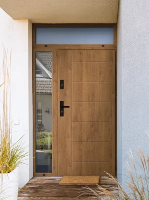 Model GEKKO BLACK PREMIUM 72 mm front door with side and top sidelight / side and top panel with black handle - energy efficient modern external door