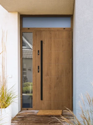 Model GEKKO BLACK PREMIUM 72 mm front door with side and top sidelight / side and top panel with black bar - energy efficient modern external door wit