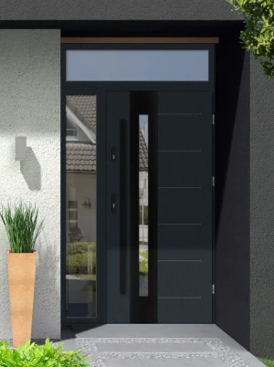 Model TULUZA BLACK PREMIUM 72 mm front door with side and top sidelight / side and top panel with black bar - energy efficient modern external door wi