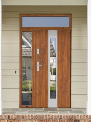 Model PAPUA PREMIUM 72 mm front door with side and top sidelights / top and side panels with handle – energy efficient modern external door with mirro