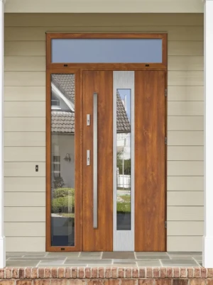 Model PAPUA PREMIUM 72 mm front door with side and top sidelights / top and side panels with bar – energy efficient modern external door with mirrored