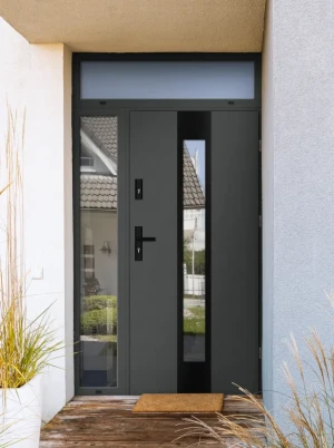 Model PAPUA BLACK PREMIUM 72 mm front door with side and top sidelight / side and top panel with black handle - energy efficient modern external door
