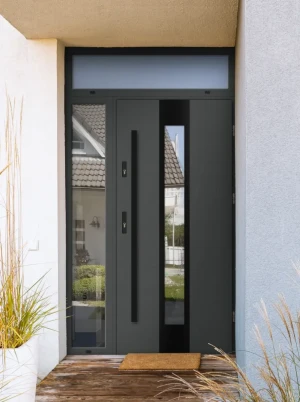 Model PAPUA BLACK PREMIUM 72 mm front door with side and top sidelight / side and top panel with black bar - energy efficient modern external door wit