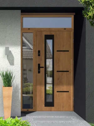Model GRECA BLACK PREMIUM 72 mm front door with side and top sidelight / side and top panel with black handle - energy efficient modern external door