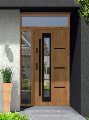Model GRECA BLACK PREMIUM 72 mm front door with side and top sidelight / side and top panel with black bar - energy efficient modern external door wit