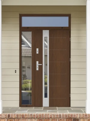 Model SLIM PREMIUM 72 mm front door with side and top sidelights / top and side panels with handle – energy efficient modern external door with mirror